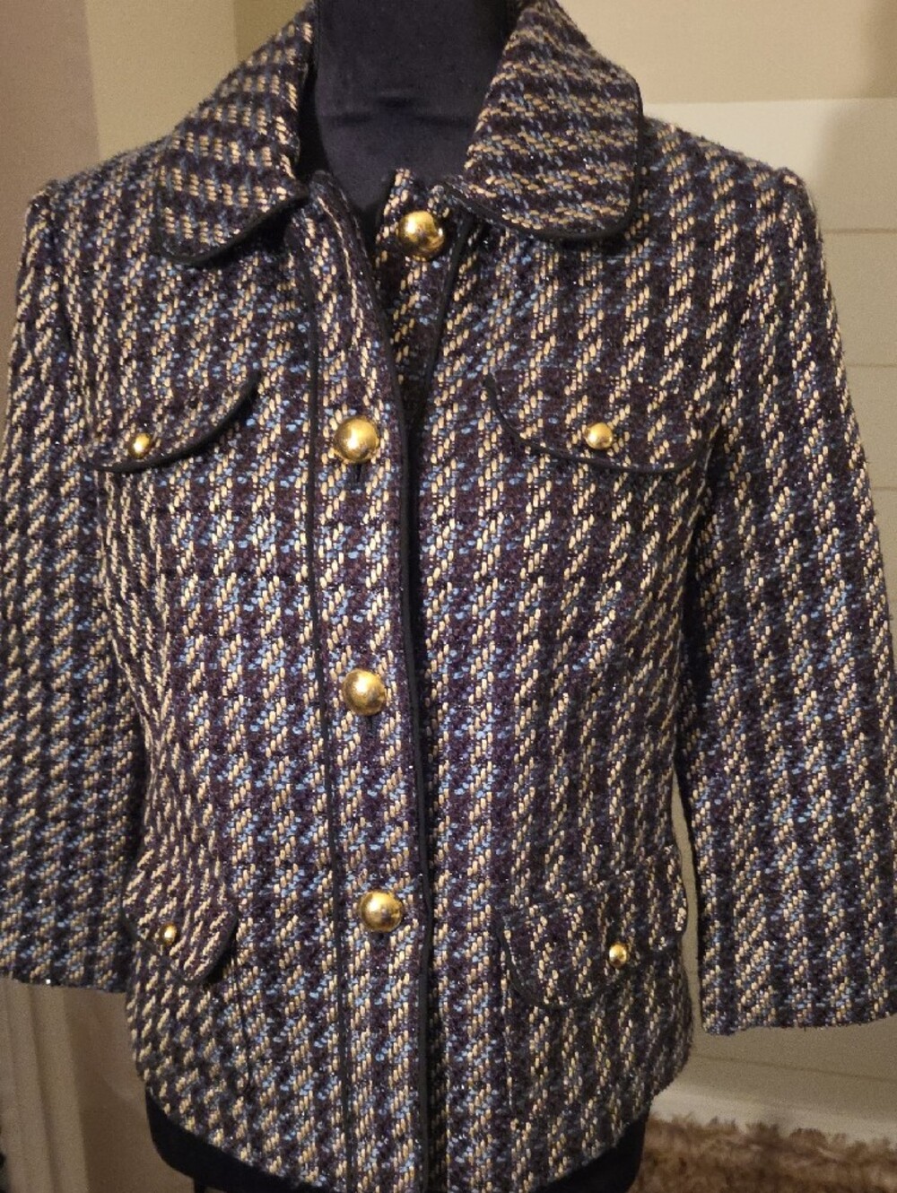 Y2K Vintage REQ Requirements Black Teal Copper Metallic Boucle Tweed Jacket 10 L